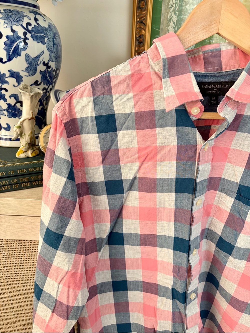 Banana Republic Coral and Navy Check Button-Down Shirt-00A - Picture 3 of 7